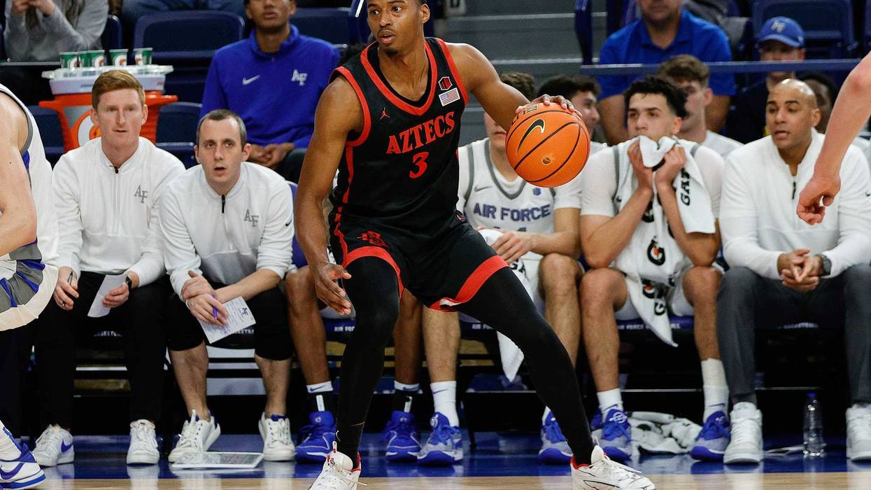 San Diego State Aztecs guard Micah Parrish (3) controls the ball in the first half against the Air Force Falcons at Clune Arena.