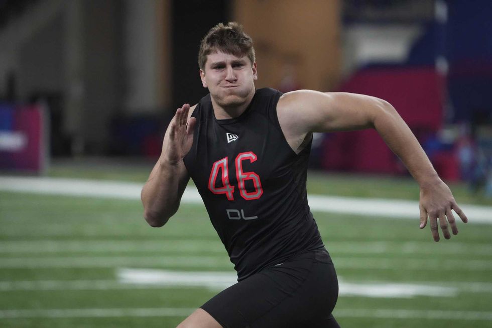 San Diego State defensive lineman Cameron Thomas (DL46) goes through drills during the 2022 NFL Scouting Combine at Lucas Oil Stadium.