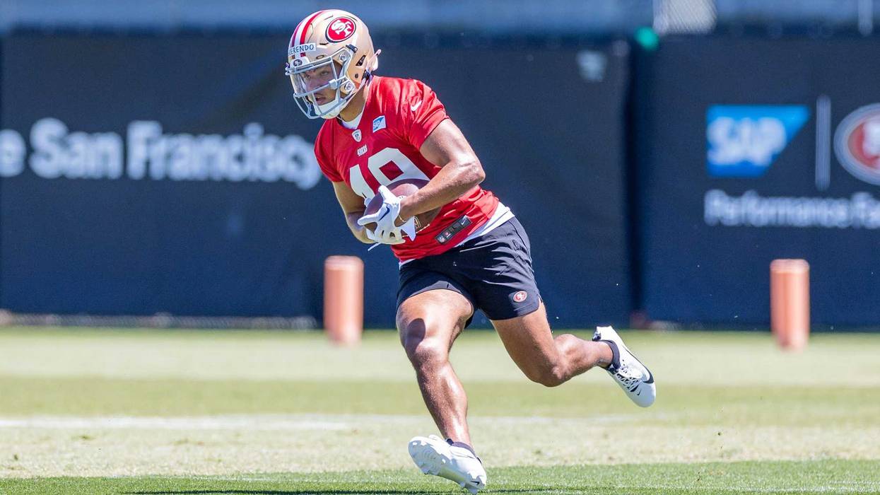 San Francisco 49ers running back Isaac Guerendo (49) runs drills during the 49ers rookie minicamp at Levi’s Stadium in Santa Clara, CA.