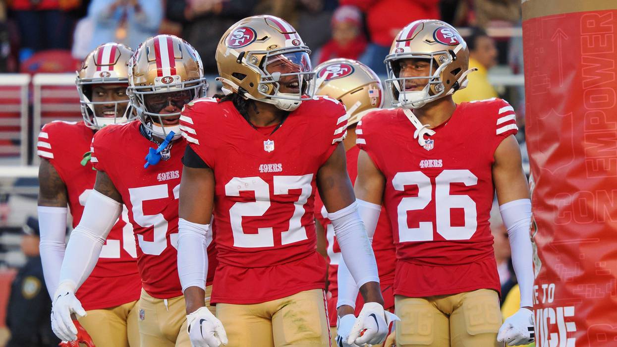 San Francisco 49ers safety Ji'Ayir Brown (27) celebrates after an interception in the end zone for a touchback against the Tampa Bay Buccaneers during the fourth quarter at Levi's Stadium.