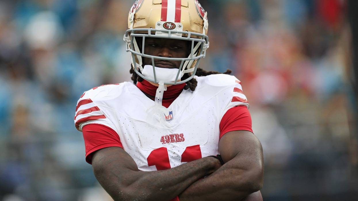San Francisco 49ers wide receiver Brandon Aiyuk (11) reacts to his touchdown score during the first quarter of an NFL football game Sunday, Nov. 12, 2023 at EverBank Stadium in Jacksonville, Fla.