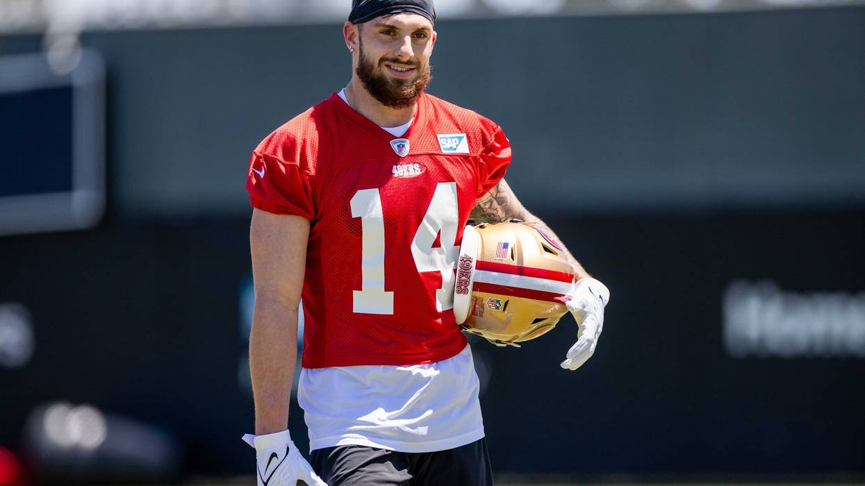 San Francisco 49ers wide receiver Ricky Pearsall (14) smiles during the 49ers rookie minicamp at Levi’s Stadium in Santa Clara, CA.