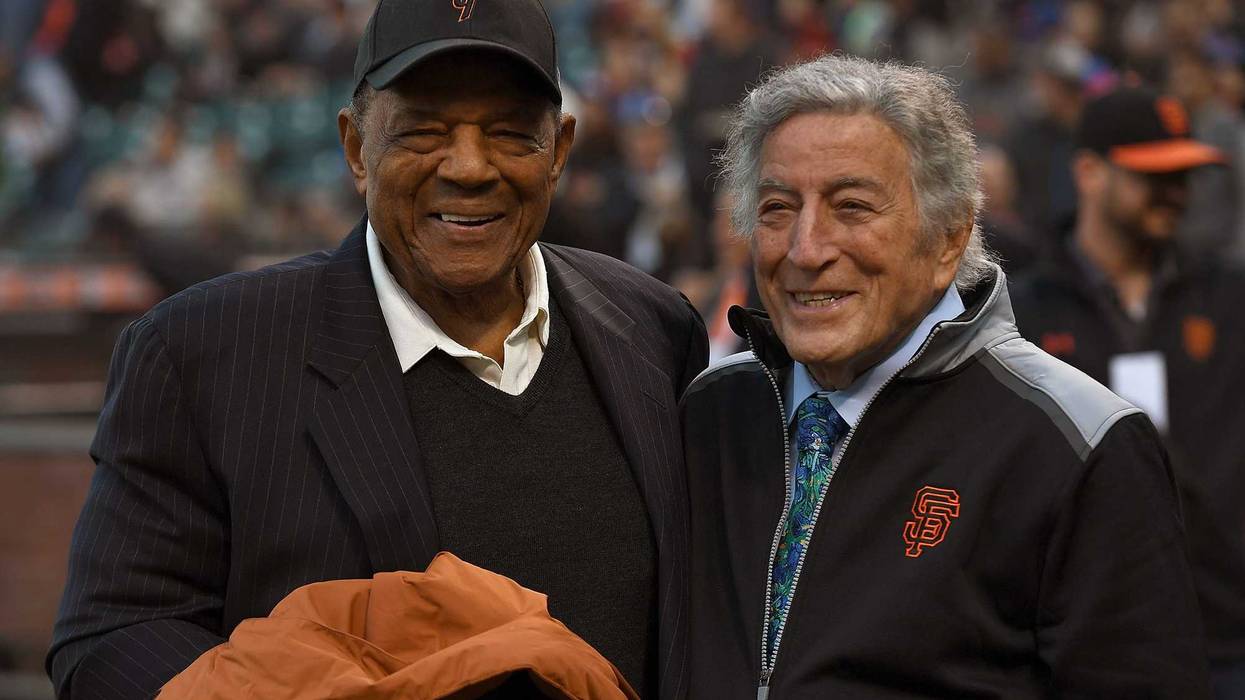 SAN FRANCISCO, CA - AUGUST 19: Former San Francisco Giants Willie Mays (L) stands with singer Tony Bennett (R) as the San Francisco Giants honor Bennett for his 90th birthday prior to the start of the game against the New York Mets at AT&T Park on August 19, 2016 in San Francisco, California.
