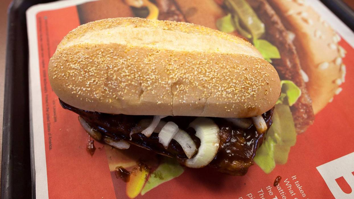 SAN FRANCISCO, CA - NOVEMBER 03: A McRib is seen at a McDonald's restaurant on November 3, 2010 in San Francisco, California. The sandwich arrived on the menu for the first time since 1994 and is offered at all McDonald's nationwide for a limited time until December 5, 2010. The McRib was first introduced in 1981. (Photo by David Paul Morris/Getty Images)
