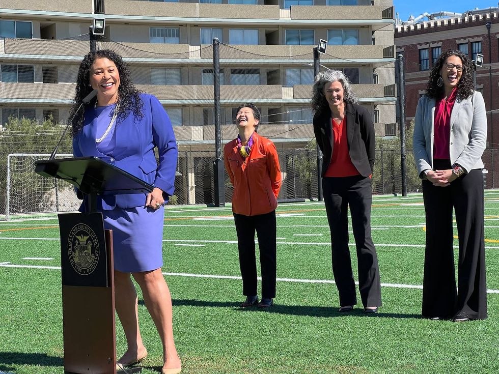 San Francisco Mayor London Breed introduces the new appointees to the school board, Ann Hsu, Lainie Motamedi, and Lisa Weissman-Ward.