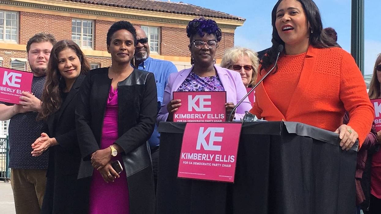 San Francisco Mayor London Breed, right, endorses Kimberly Ellis, third from left, as chair of the California Democratic Party.