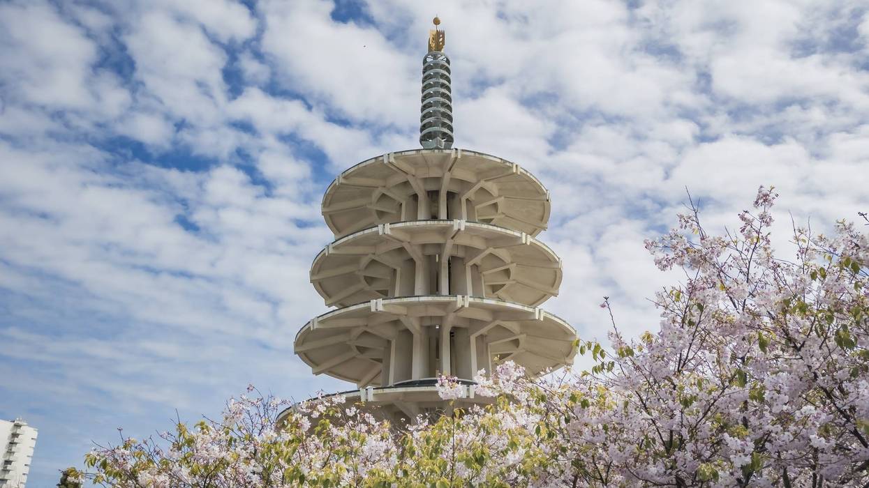 San Francisco Peace Pagoda framed by blooming cherry trees against a blue, cloudy sky.