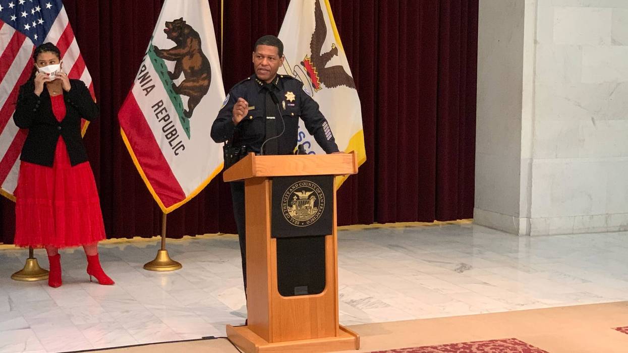San Francisco Police Chief Bill Scott speaking at a press conference with Mayor London Breed and Supervisor Matt Haney.