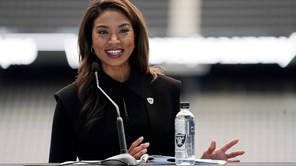 Sandra Douglass Morgan speaks during a news conference announcing her as the new president of the Las Vegas Raiders NFL football team Thursday, July 7, 2022, in Las Vegas.