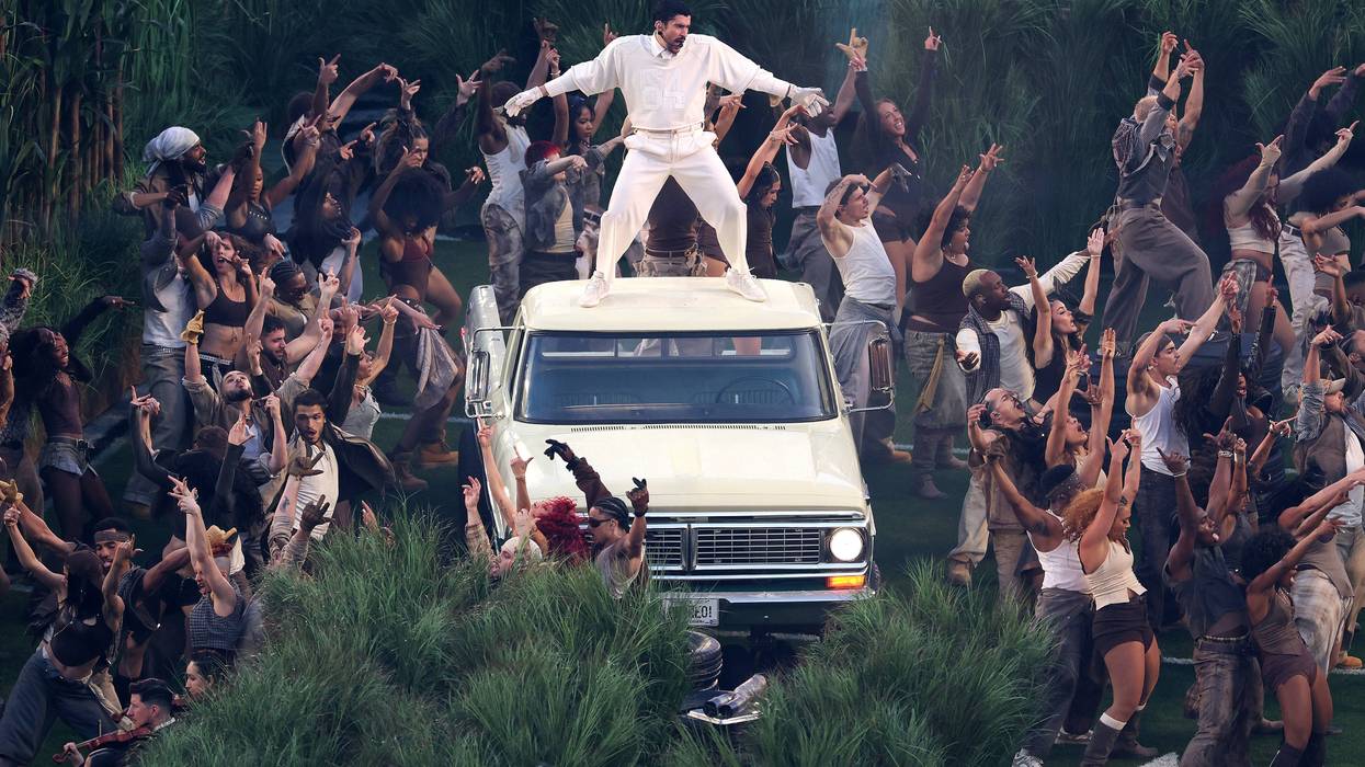 SANTA CLARA, CALIFORNIA - FEBRUARY 08: Bad Bunny performs onstage during the Apple Music Super Bowl LX Halftime Show at Levi's Stadium on February 08, 2026 in Santa Clara, California. (Photo by Ishika Samant/Getty Images)