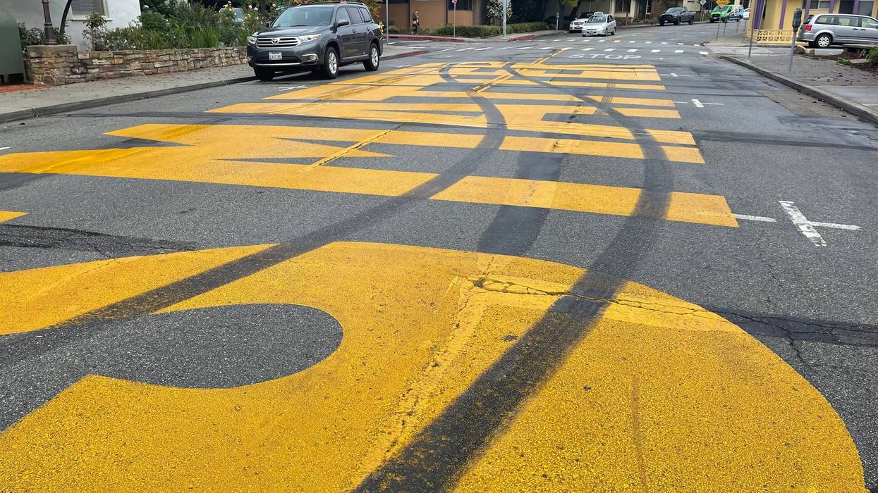 Santa Cruz's Black Lives Matter mural, shown on Friday with tire marks across the lettering.