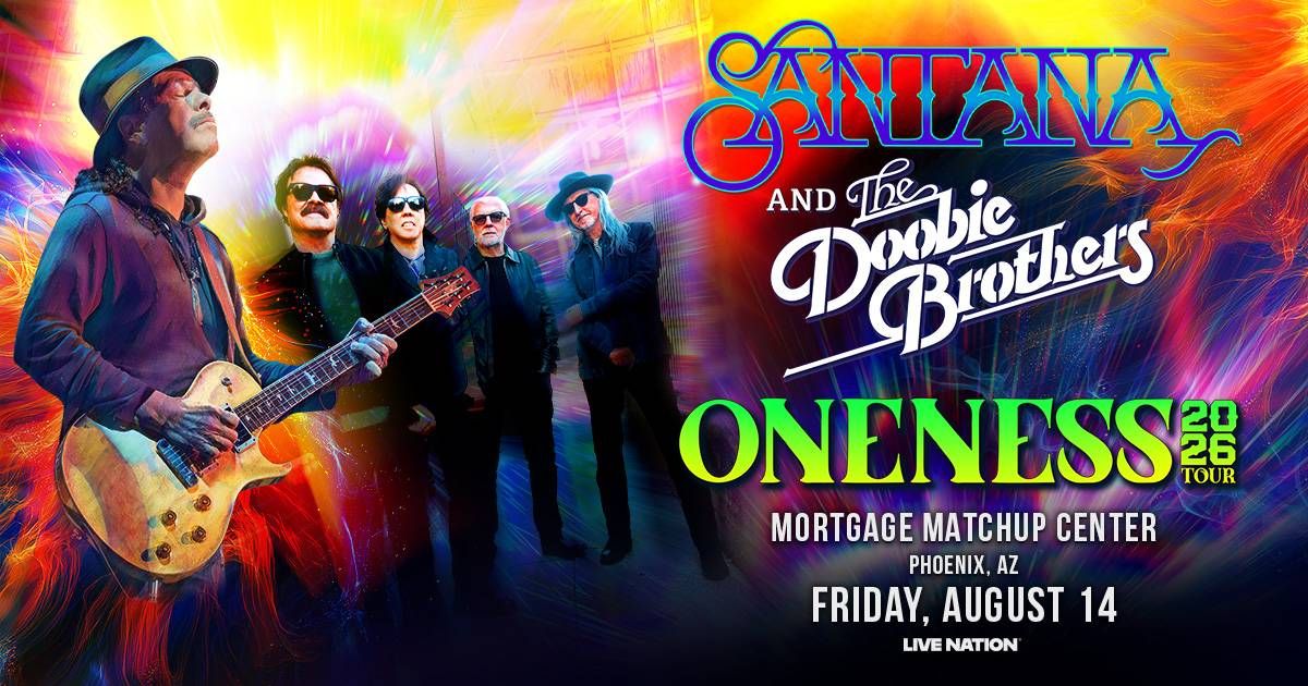 Santana & Doobie Brothers 'Oneness 2026 Tour' poster. Musicians in a colorful, psychedelic design.