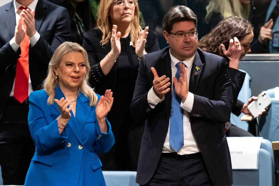 Sara Netanyahu and Ofir Akunis, Consul General of Israel in New York attend Prime Minister of Israel Benjamin Netanyahu speech at the 79th session of General Assembly at UN Headquarters.