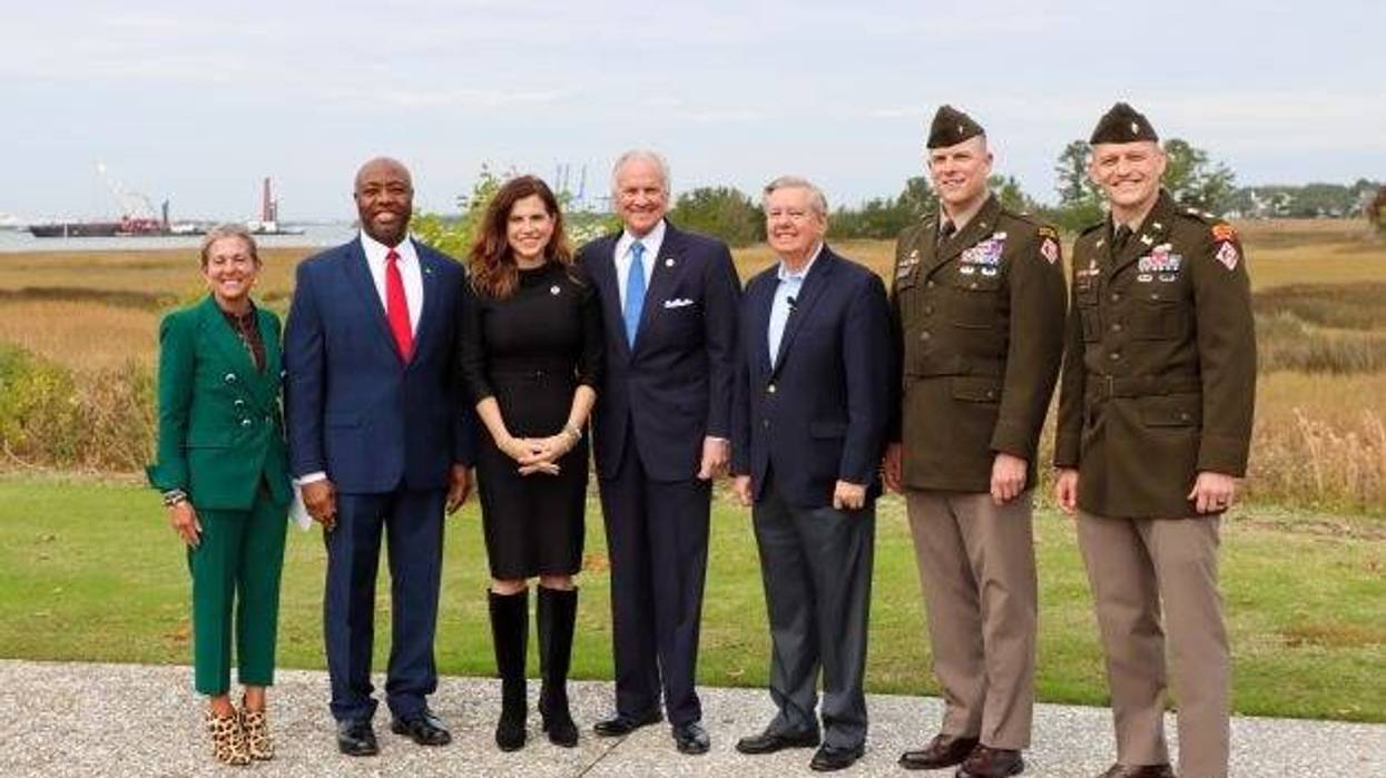 SC Ports CEO Barbara Melvin, US Senator Tim Scott, Congresswoman Nancy Mace, Governor Henry McMaster, US Senator Lindsey Graham, Brig. Gen. Daniel H. Hibner of the U.S. Army Corps of Engineers and Lt. Col. Andrew Johannes of the U.S. Army Corps of Engineers celebrate the Charleston Harbor Deepening Project.