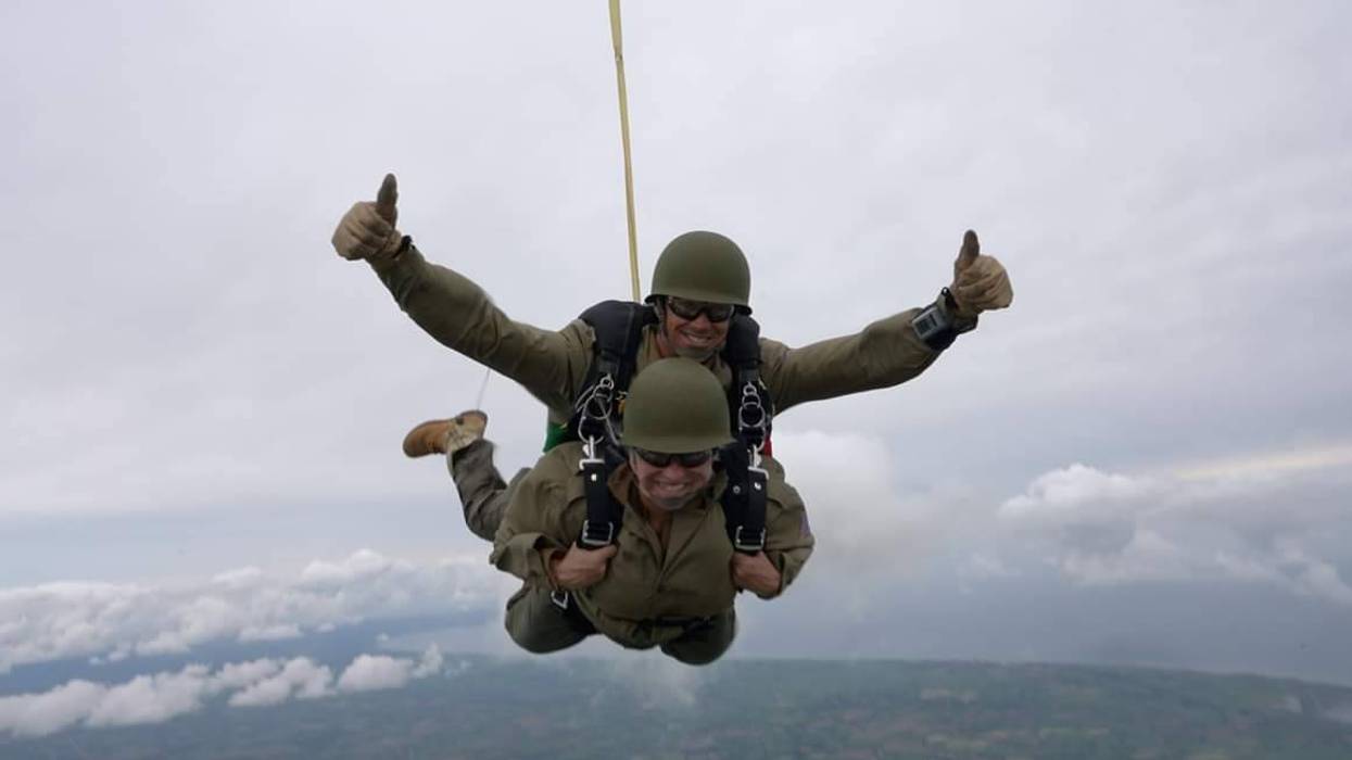 Scoti Domeij, a gold star mother, parachuted into Normandy with members of the 75th Ranger Regiment