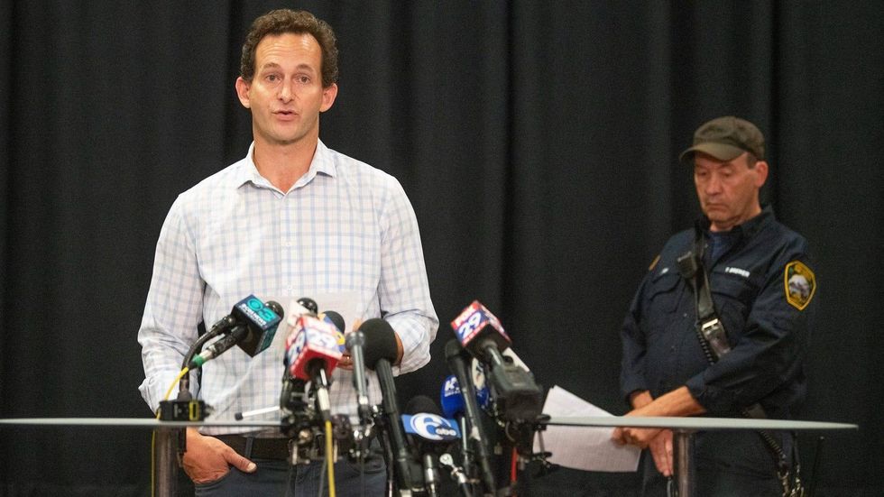 Scott Ellis, an uncle to the two missing children swept away by floodwaters last Saturday, represents the family at a press conference held at the Washington Crossing United Methodist Church in Washington Crossing, Pennsylvania., on Monday, July 17, 2023.