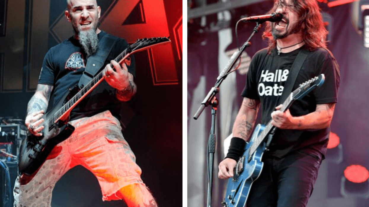 Scott Ian of Anthrax and Dave Grohl of Foo Fighters perform on -stage.