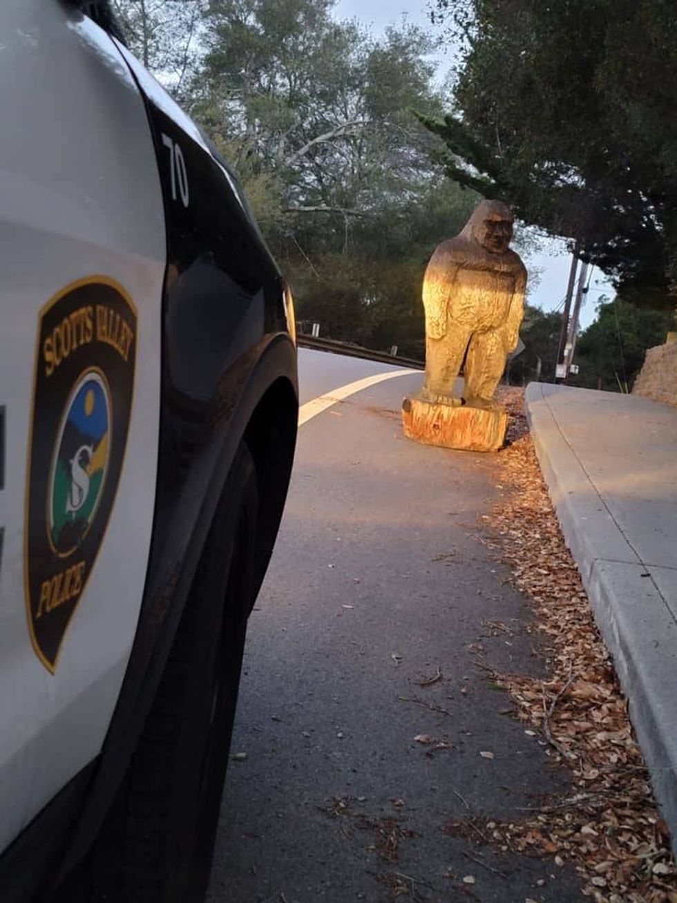 Scotts Valley Police responded to a suspicious figure in a roadway early Thursday and found the stolen wooden Bigfoot statue.
