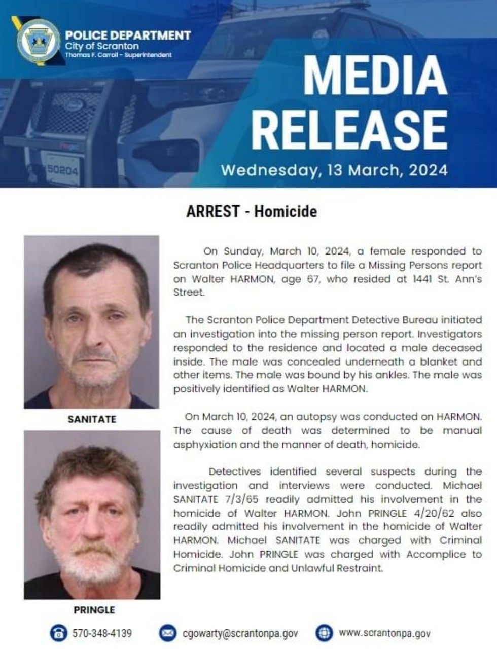 Scranton Police press release regarding arrests in murder
