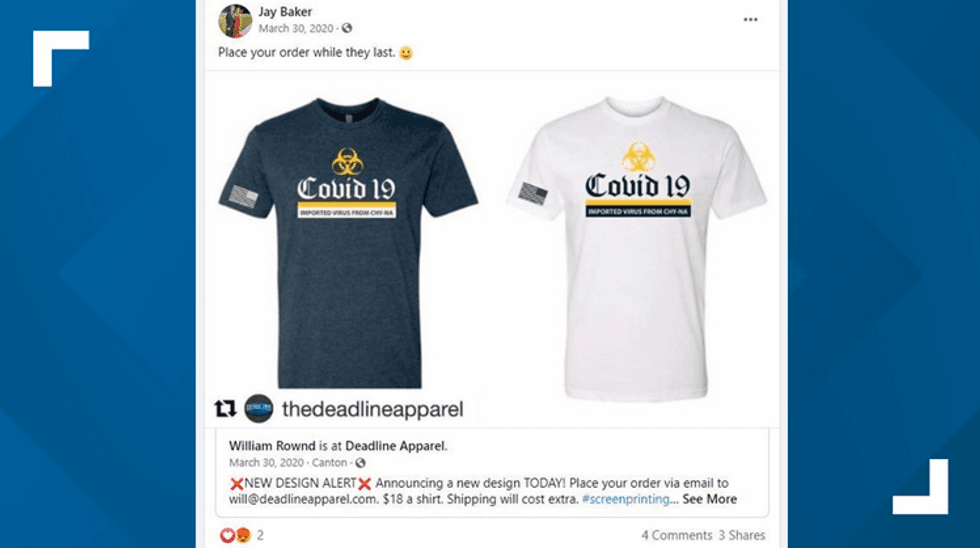 screen capture that appears to be a social media page of Captain Jay Baker, the spokesperson over spa shootings, looks to be to promoting shirts with racist slogans about Asians, AP reports