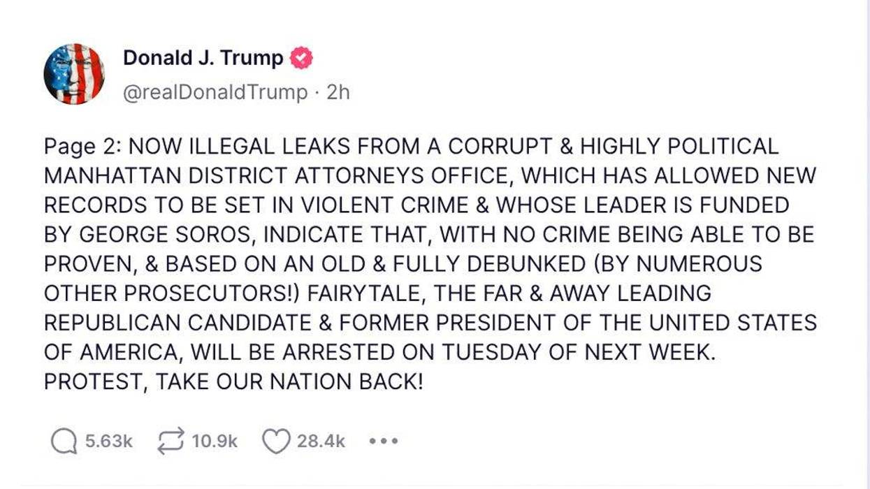 Screenshot from the Truth Social network account of former President Donald Trump, posted Saturday, March 18, 2023.