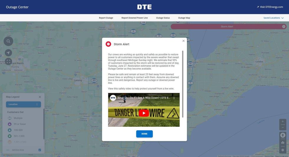 Screenshot of DTE Energy outage map popup