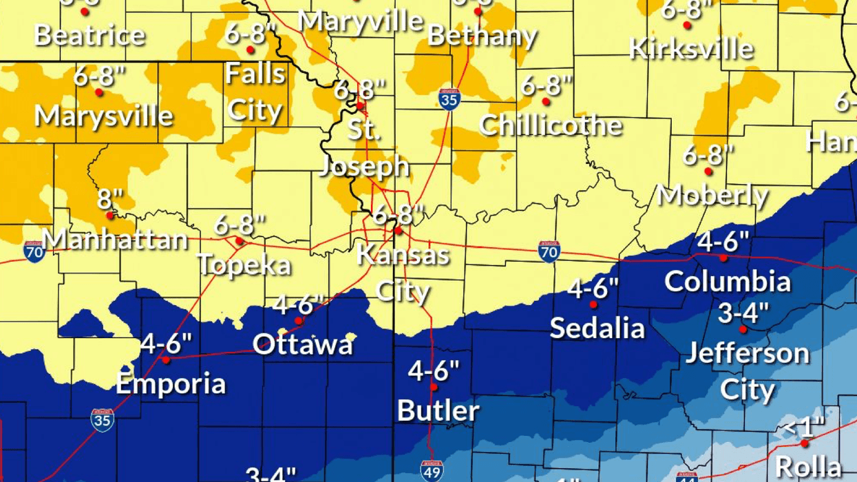 Screenshot of predicted snowfall for KC Metro