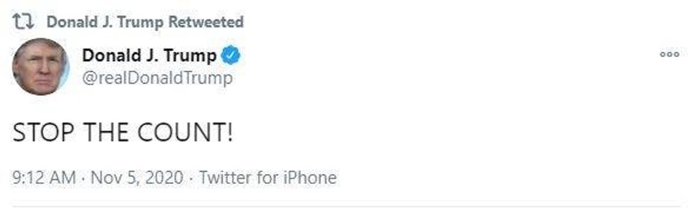 Screenshot of tweet by President Donald Trump, 9:12 AM November 5, 2020