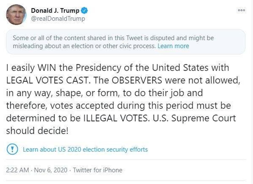 Screenshot of tweet by President Donald Trump, tweeted at 2:22 AM on November 6, 2020