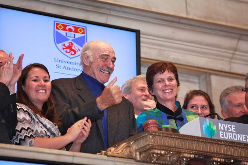 Sean Connery and Principal of the University of St. Andrews, Scotland , Professor Louise Richardson (R) ring the opening bell at New York Stock Exchange on May 17, 2012 in New York City.