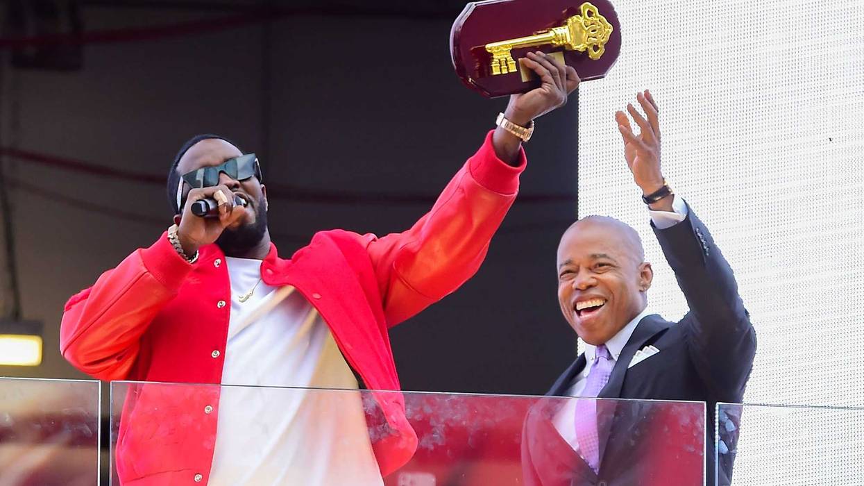 Sean "Diddy" Combs (L) is seen receiving the Key to the City from Mayor Eric Adams in Times Square on September September 15, 2023 in New York City.