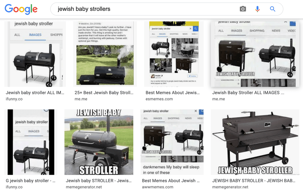 Search results displayed by Google when looking for "Jewish baby strollers."