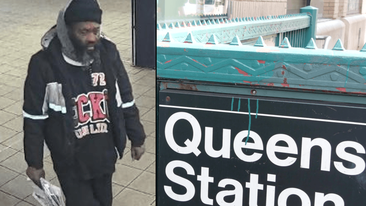 searching for a man who allegedly used a milk crate to beat a subway rider’s face at Queens Plaza in Long Island City on Jan. 28