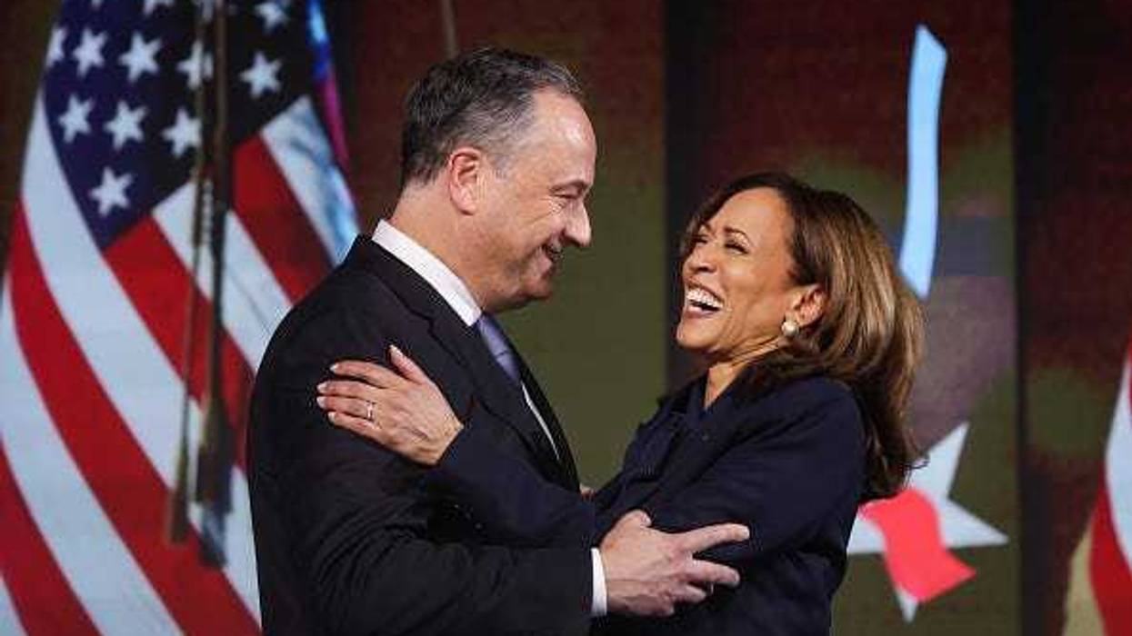Second Gentleman Doug Emhoff and Democratic presidential nominee, U.S. Vice President Kamala Harris celebrate after she accepted the Democratic presidential nomination during the final day of the Democratic National Convention at the United Center on August 22, 2024 in Chicago, Illinois.