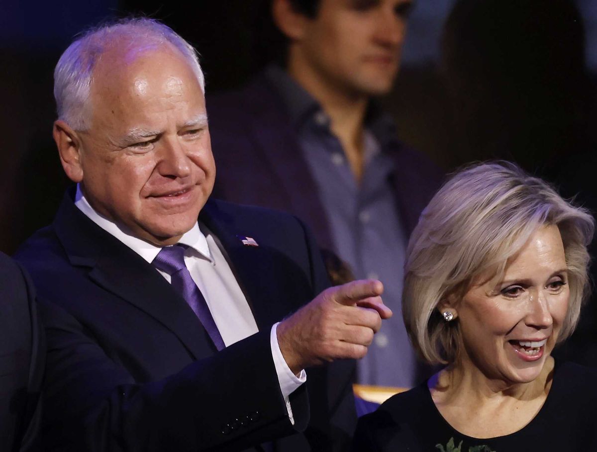 Second Gentleman Doug Emhoff, Democratic vice presidential candidate Minnesota Gov. Tim Walz and Minnesota First Lady Gwen Walz attend the first day of the Democratic National Convention at the United Center on August 19, 2024 in Chicago.