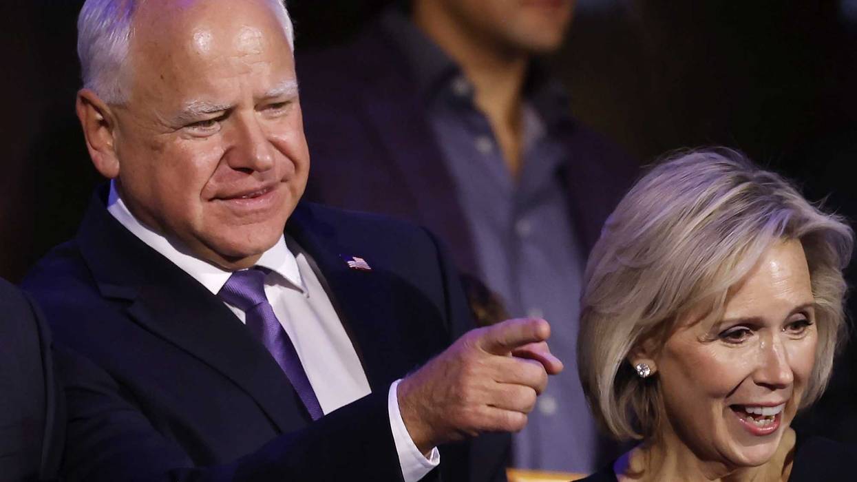 Second Gentleman Doug Emhoff, Democratic vice presidential candidate Minnesota Gov. Tim Walz and Minnesota First Lady Gwen Walz attend the first day of the Democratic National Convention at the United Center on August 19, 2024 in Chicago.