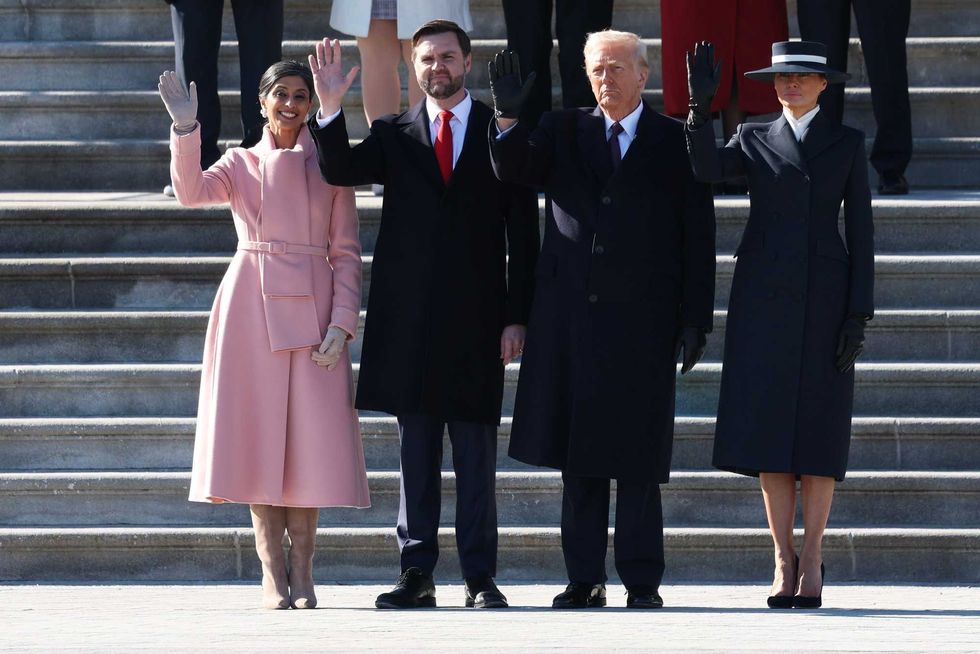 Second lady Usha Vance, U.S. Vice President J.D. Vance, U.S. President Donald Trump and first lady Melania Trump wave as former U.S. President Joe Biden and former U.S. Vice President Kamala Harris depart the U.S. Capitol on January 20, 2025 in Washington, DC. Donald Trump takes office for his second term as the 47th president of the United States. (Photo by Joe Raedle/Getty Images)