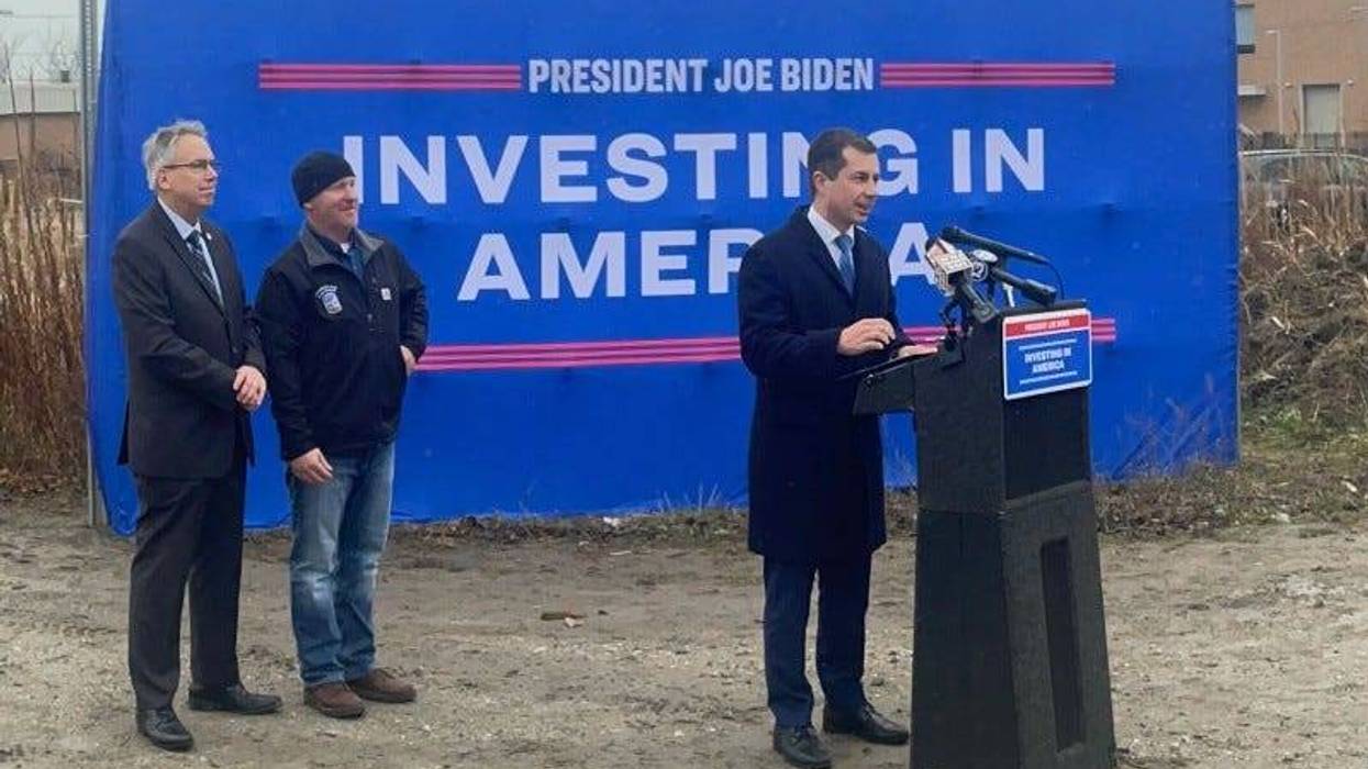 Secretary of Transportation Pete Buttigieg speaks in Monroe County