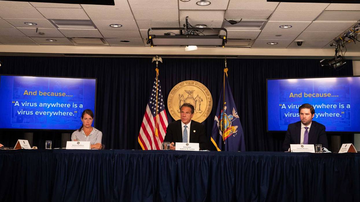 Secretary to Governor Melissa DeRosa, New York Gov. Andrew Cuomo, and Deputy Superintendent & Special Counsel at NYS Department of Financial Services Gareth Rhodes speak during the daily media briefing at the Office of the Governor of the State of New York on July 23, 2020 in New York City