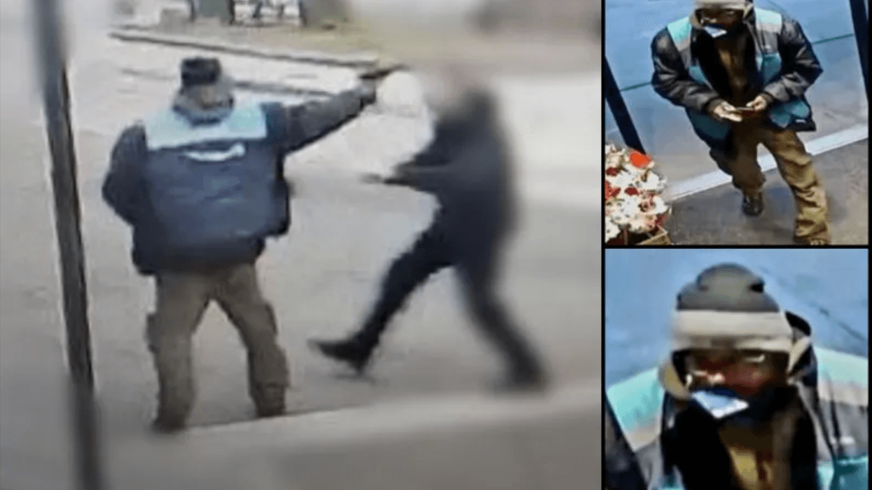Security footage of man in blue vest brandishing gun