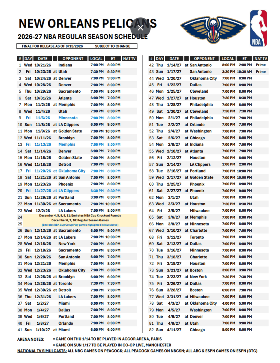 See New Olreans Pelicans full schedule