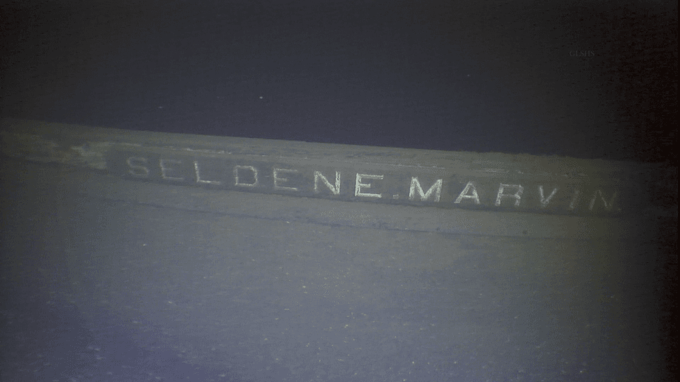 Selden E. Marvin nameboard on sunken ship in Lake Superior