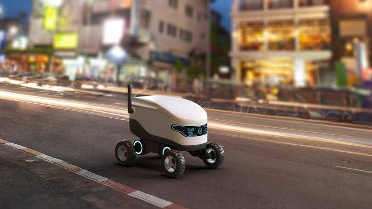 Self-driving delivery robot concept. 3D illustration