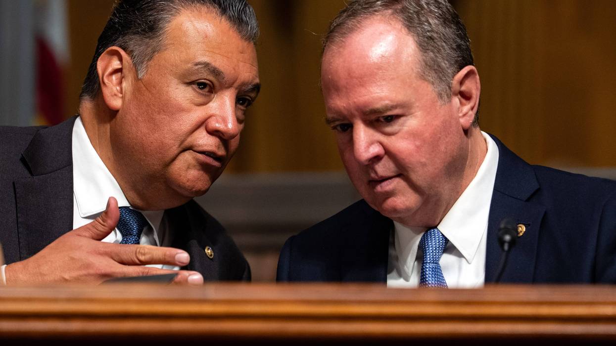 Sen. Alex Padilla (D-CA) and Sen. Adam Schiff (D-CA) talk with each other as former Meta researchers Jason Sattizahn and Cayce Savage testify during a Senate Judiciary Subcommittee on Privacy, Technology, and the Law hearing titled "Hidden Harms: Examining Whistleblower Allegations that Meta Buried Child Safety Research" on Capitol Hill on September 9, 2025 in Washington, DC.