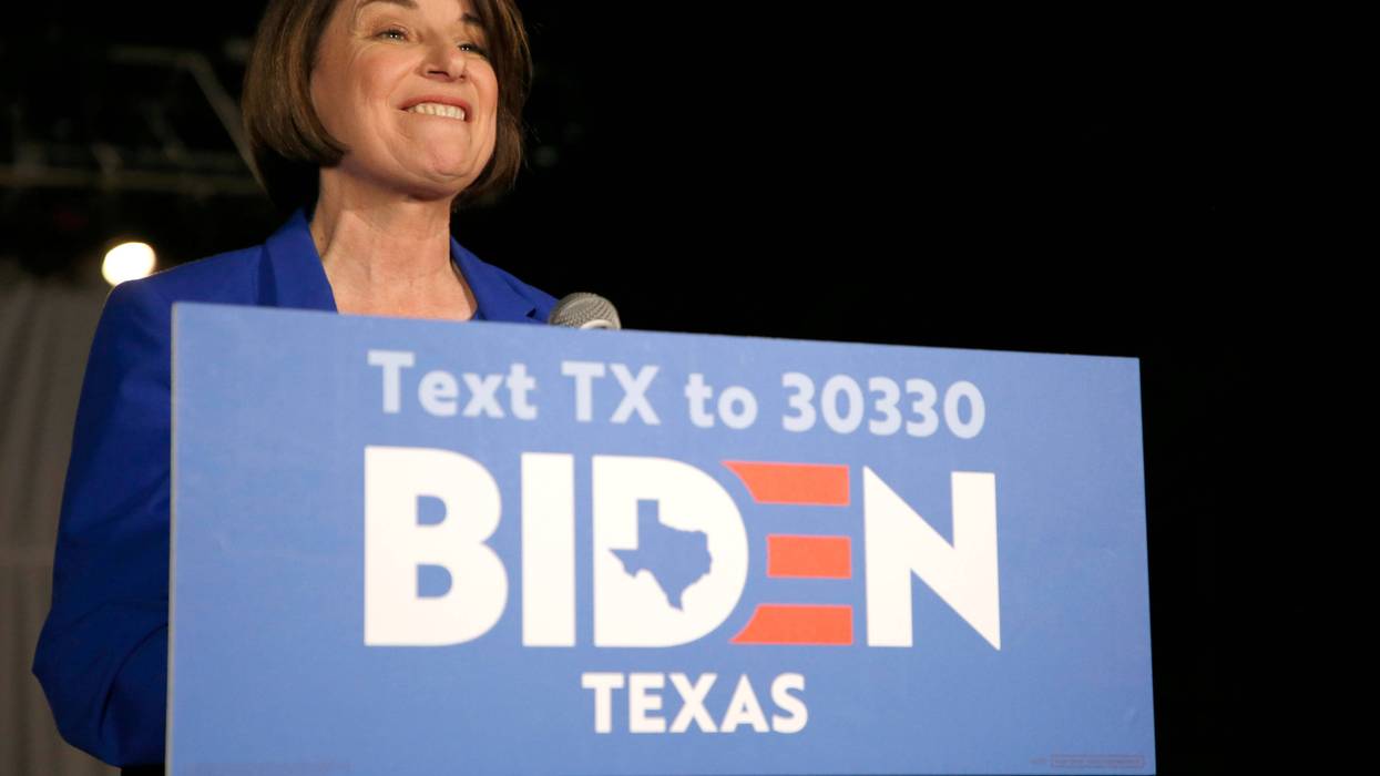 Sen. Amy Klobuchar (D-MN) joins Democratic presidential candidate former Vice President Joe Biden on stage during a campaign event on March 2, 2020 in Dallas, Texas.