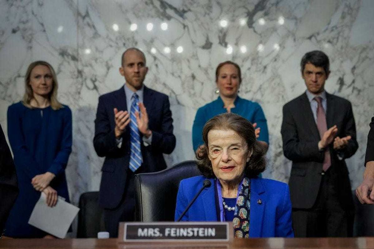 Sen. Dianne Feinstein (D-CA) arrives and takes her seat at a business hearing of the Senate Judiciary Committee on Capitol Hill May 11, 2023 in Washington, DC.
