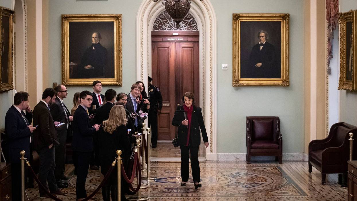 Sen. Dianne Feinstein (D-CA) walks past reporters as she makes her way to the Senate floor for the start of impeachment trial proceedings at the U.S. Capitol on January 21, 2020 in Washington, DC.