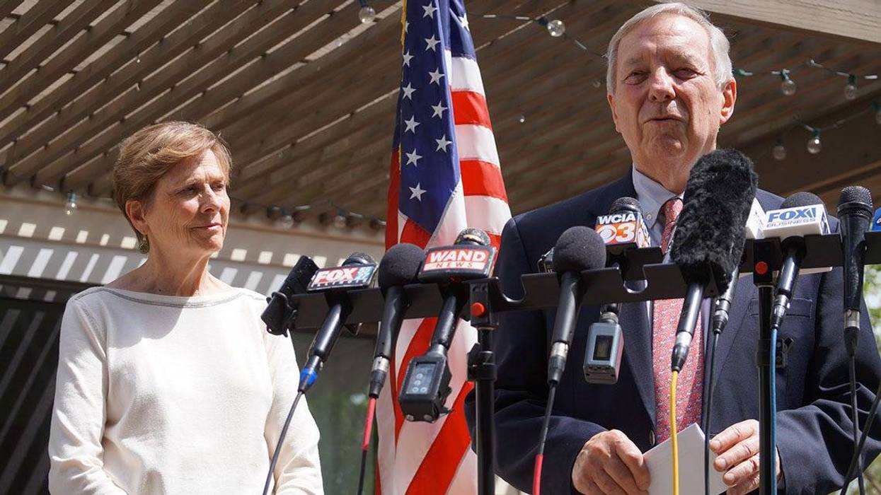 Sen. Dick Durbin announces he will not run for another term in the Senate at a news conference at his home in Springfield alongside his wife, Loretta Durbin.