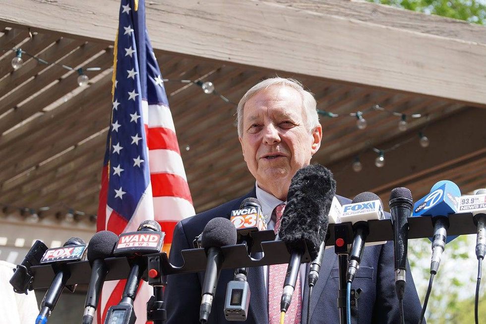 Sen. Dick Durbin announces his retirement at a news conference outside his home in Springfield.