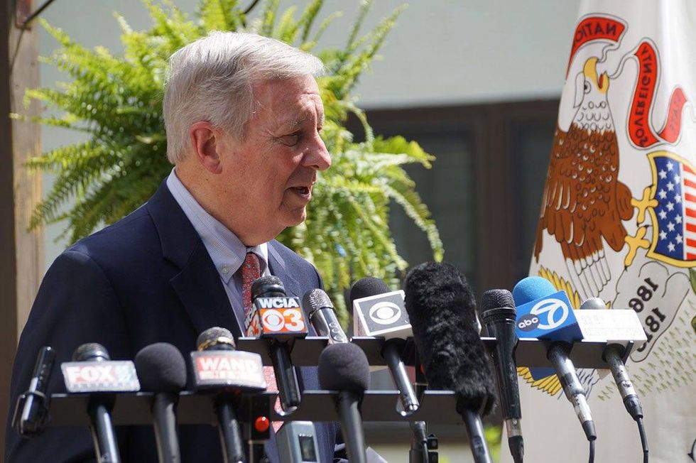 Sen. Dick Durbin takes questions from reporters at a news conference at his home in Springfield. Durbin announced Wednesday he will not seek reelection in 2026.